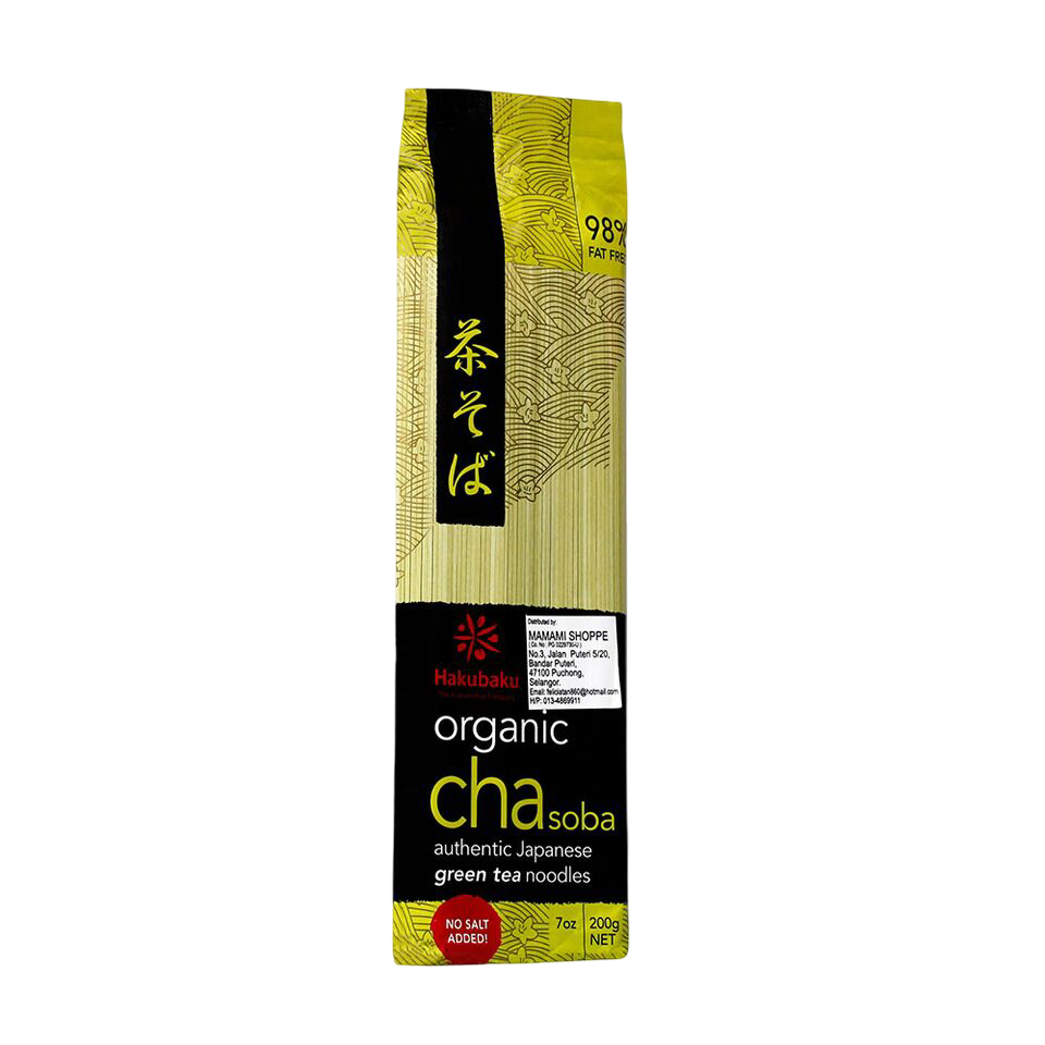 Hakubaku Organic Cha Soba green tea noodles in a 200g pack.