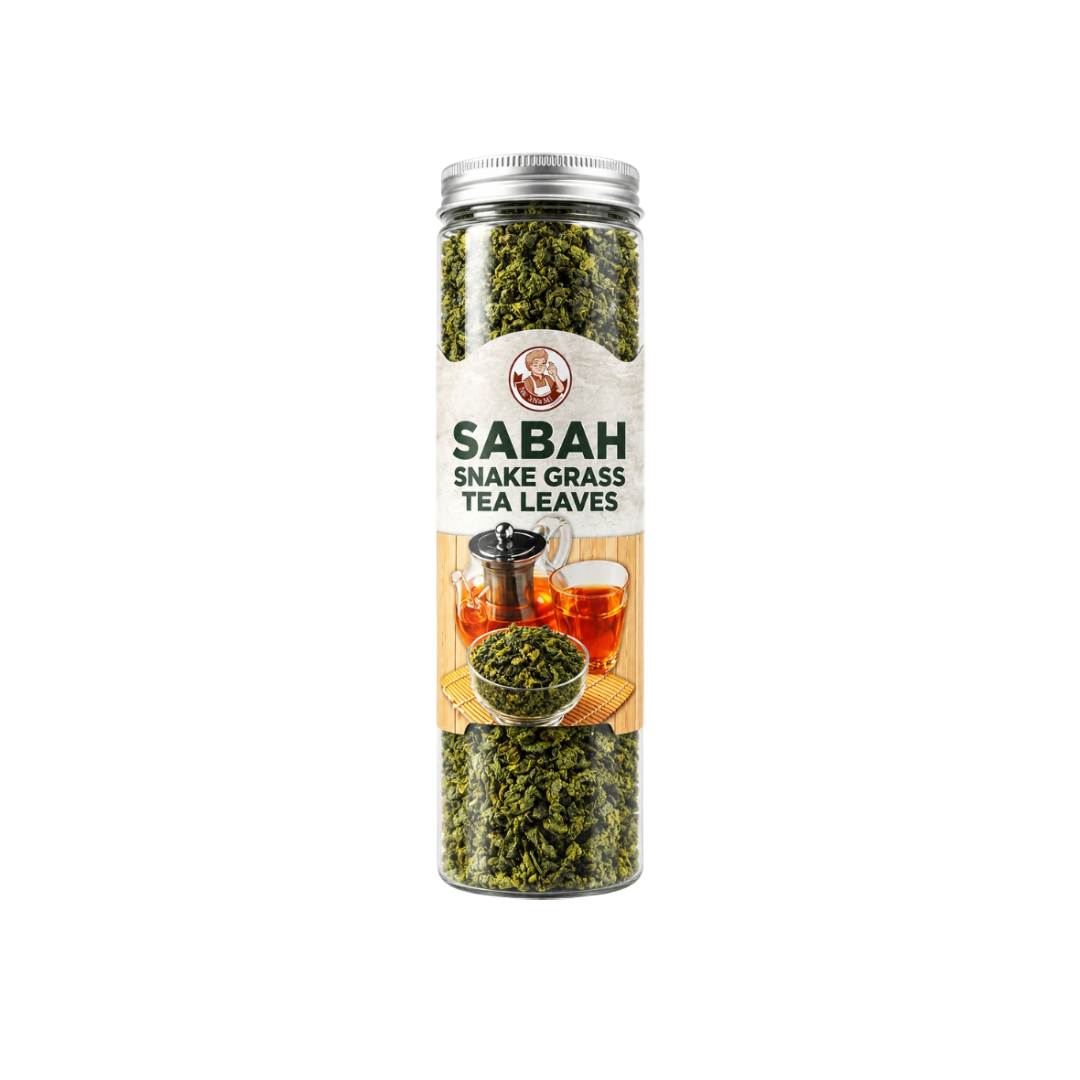 Mamami Sabah Snake Grass Tea Leaves 117g in a clear jar