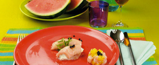 Marinated swordfish cannoli with pineapple ricotta and balsamic vinegar of Modena