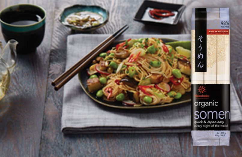 Somen Salad with roasted eggplant and edamame