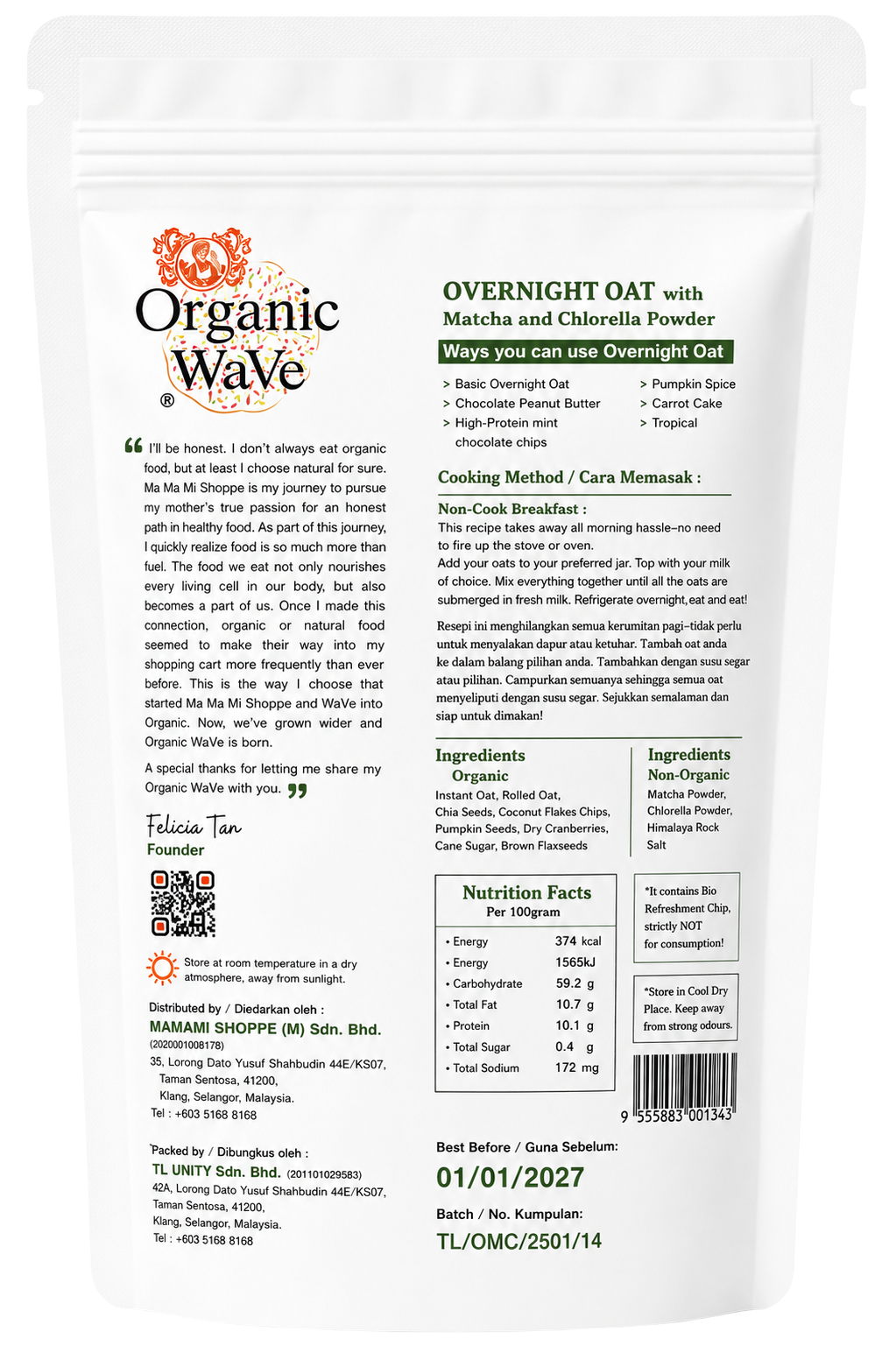 Mamami Organic Wave Overnight Oats Matcha ( Special Blend ) 120g