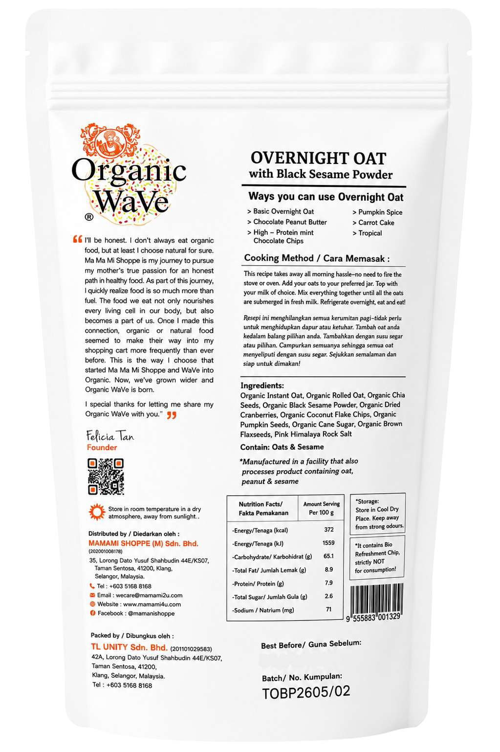 Mamami Organic Wave Overnight Oats With Black Sesame Powder ( Special Blend ) 120g