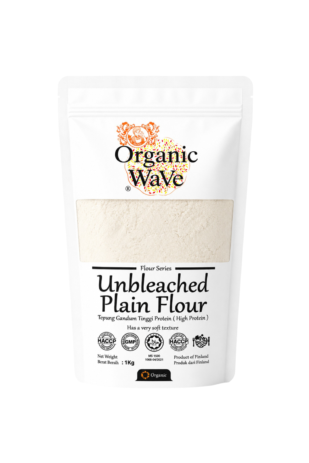 Mamami Organic Wave unbleached plain flour packaging