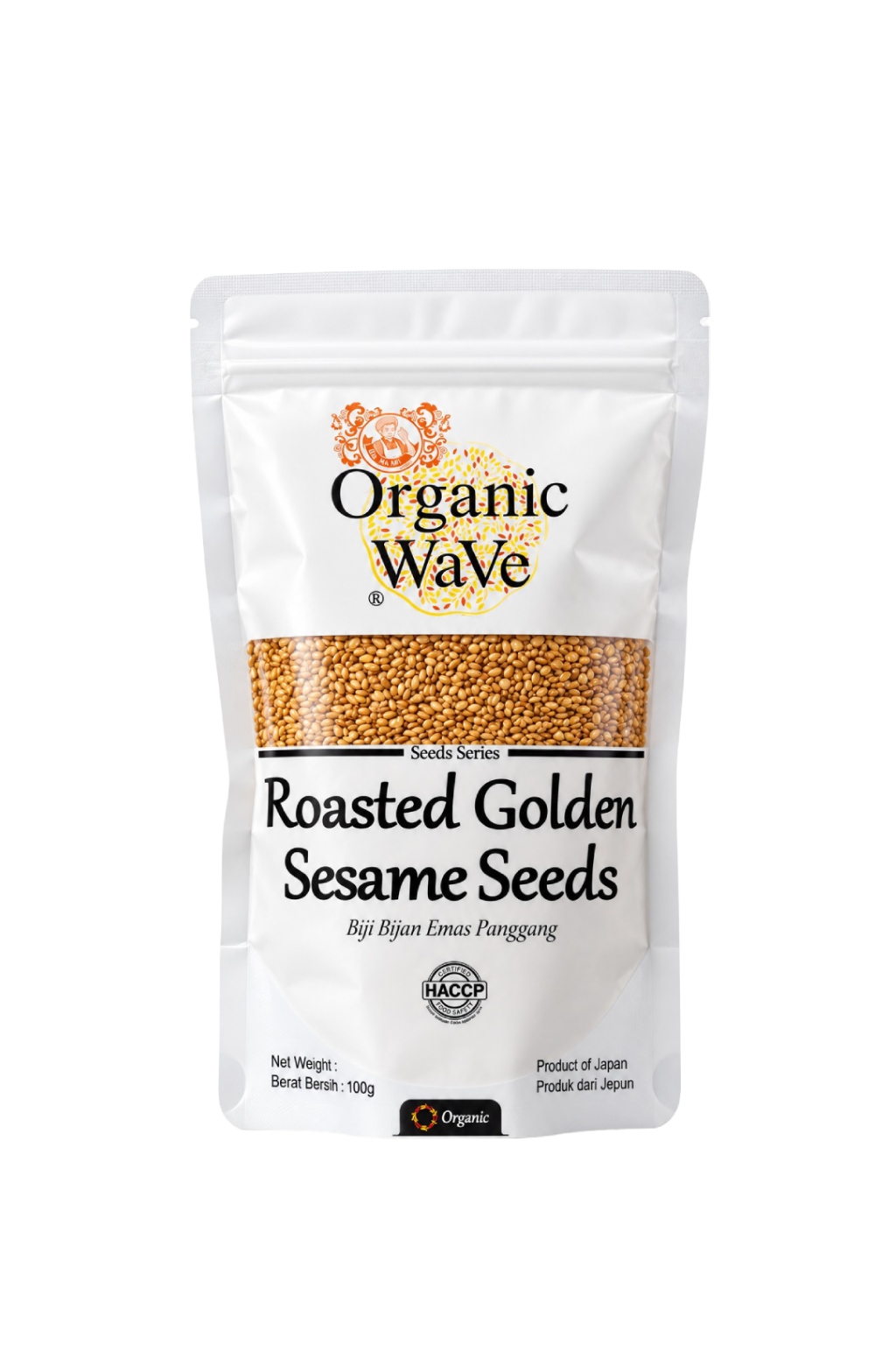Mamami Organic Wave Roasted Golden Sesame Seeds 100g front packaging