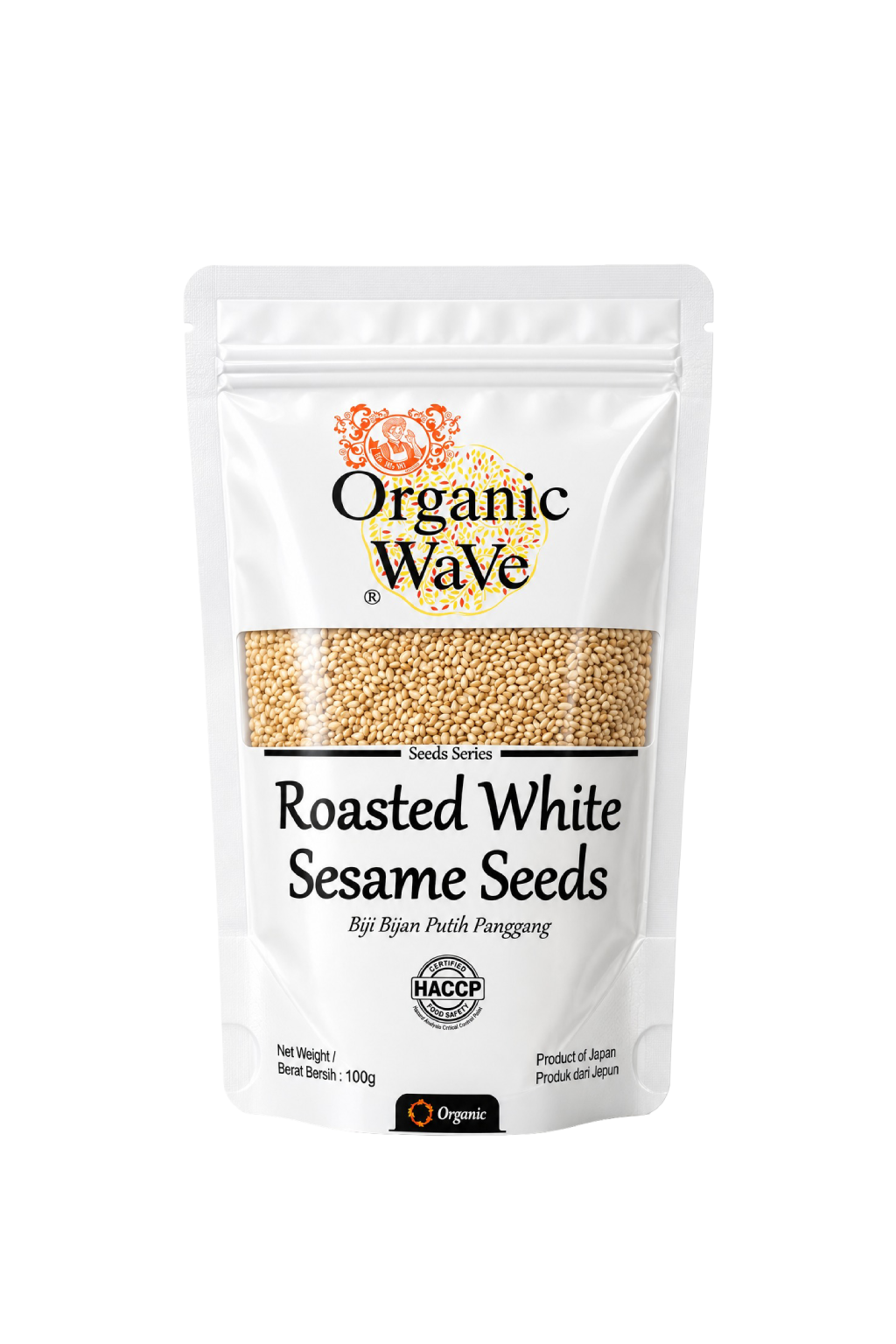 Mamami Organic Wave Roasted White Sesame Seeds 100g front packaging