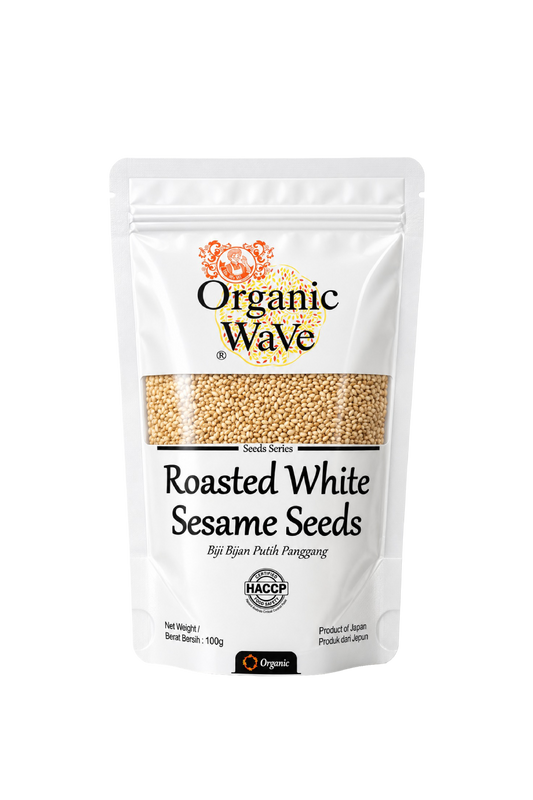Mamami Organic Wave Roasted White Sesame Seeds 100g front packaging